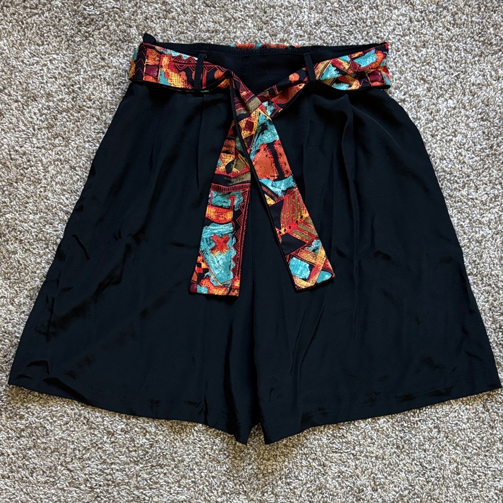 Vintage Expose Women’s Satin Relax Black Bermuda Short Ankara Print Belt Size M